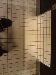 Sitting on the toilet.